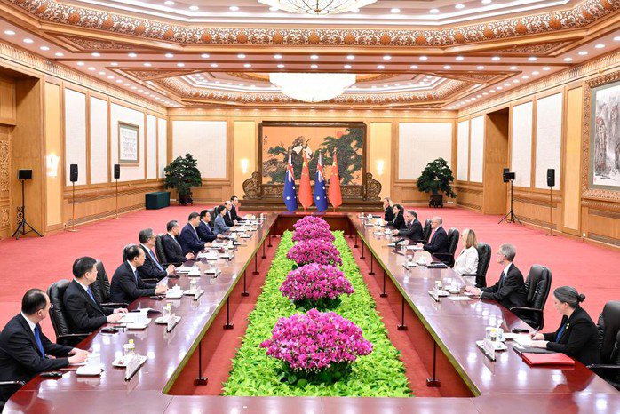 Phái đoàn Úc và Trung Quốc làm việc tại Bắc Kinh ngày 15-7. Ảnh: Tân Hoa Xã
