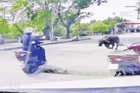 VIDEO: Trâu "điên" truy sát người phụ nữ đi xe máy trên đường