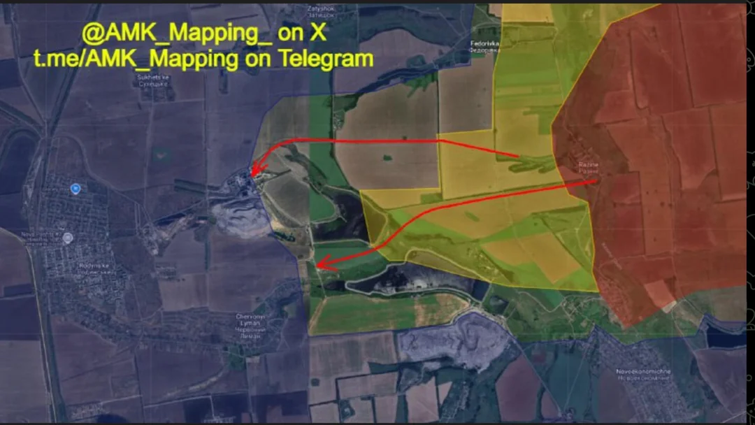 Theo một số nguồn tin, quân đội Nga đang áp sát thành phố Rodynske một cách nhanh chóng. Ảnh: AMK Mapping/Telegram.
