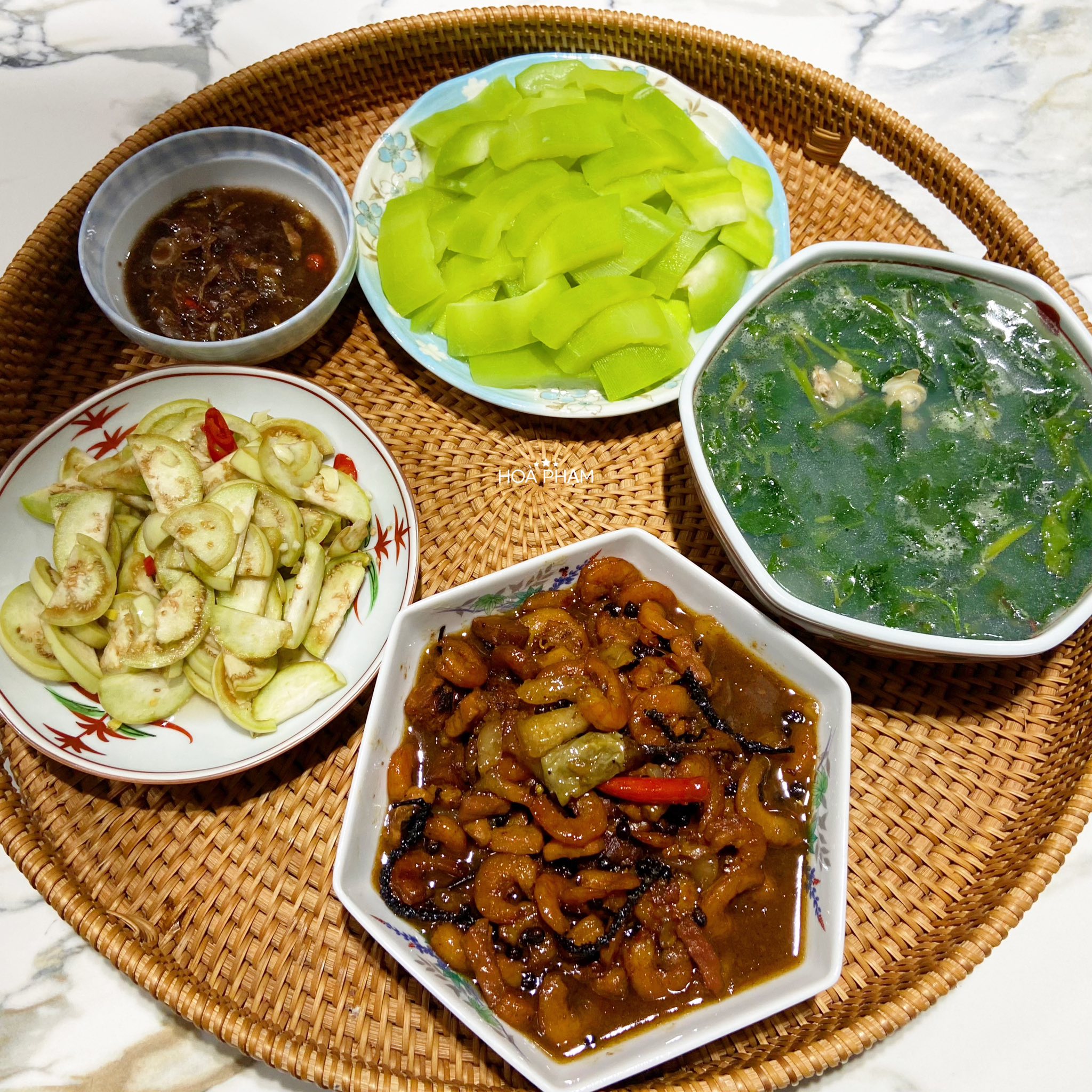 Kho quẹt&nbsp;- Cà muối xổi - Bầu luộc - Canh ngao mồng tơi