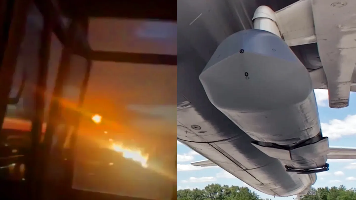 Khoảnh khắc đạn chùm phóng ra từ tên lửa Kh-101 của Nga (bên trái). Ảnh: The War Zone.