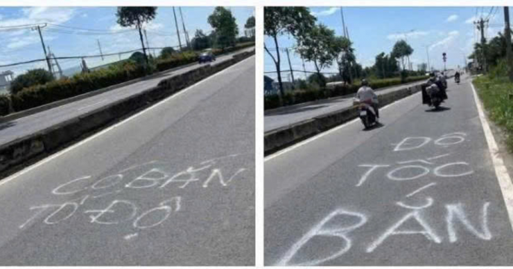 Dòng chữ "bắn tốc độ" và "có bắn tốc độ" xuất hiện trên mặt đường Lê Quang Đạo. Ảnh: CSGT TPHCM