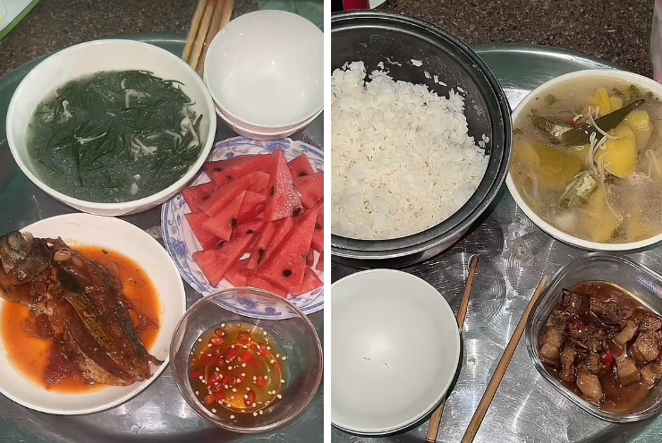 Mâm cơm 20 nghìn (trái) gồm cá ồ sốt cà chua, canh hẹ và dưa hấu. Mâm cơm bên phải 15 nghìn gồm canh chua nấu xoài và thịt heo.