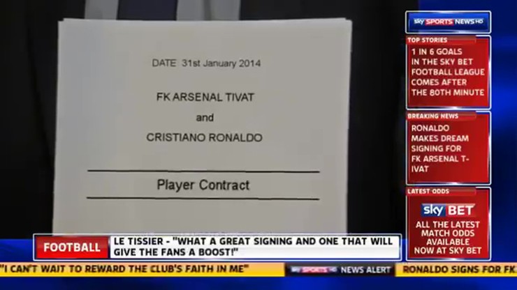&nbsp;Arsenal Tivat tuyên bố "chiêu mộ" Ronaldo năm 2014 trên Sky Sports