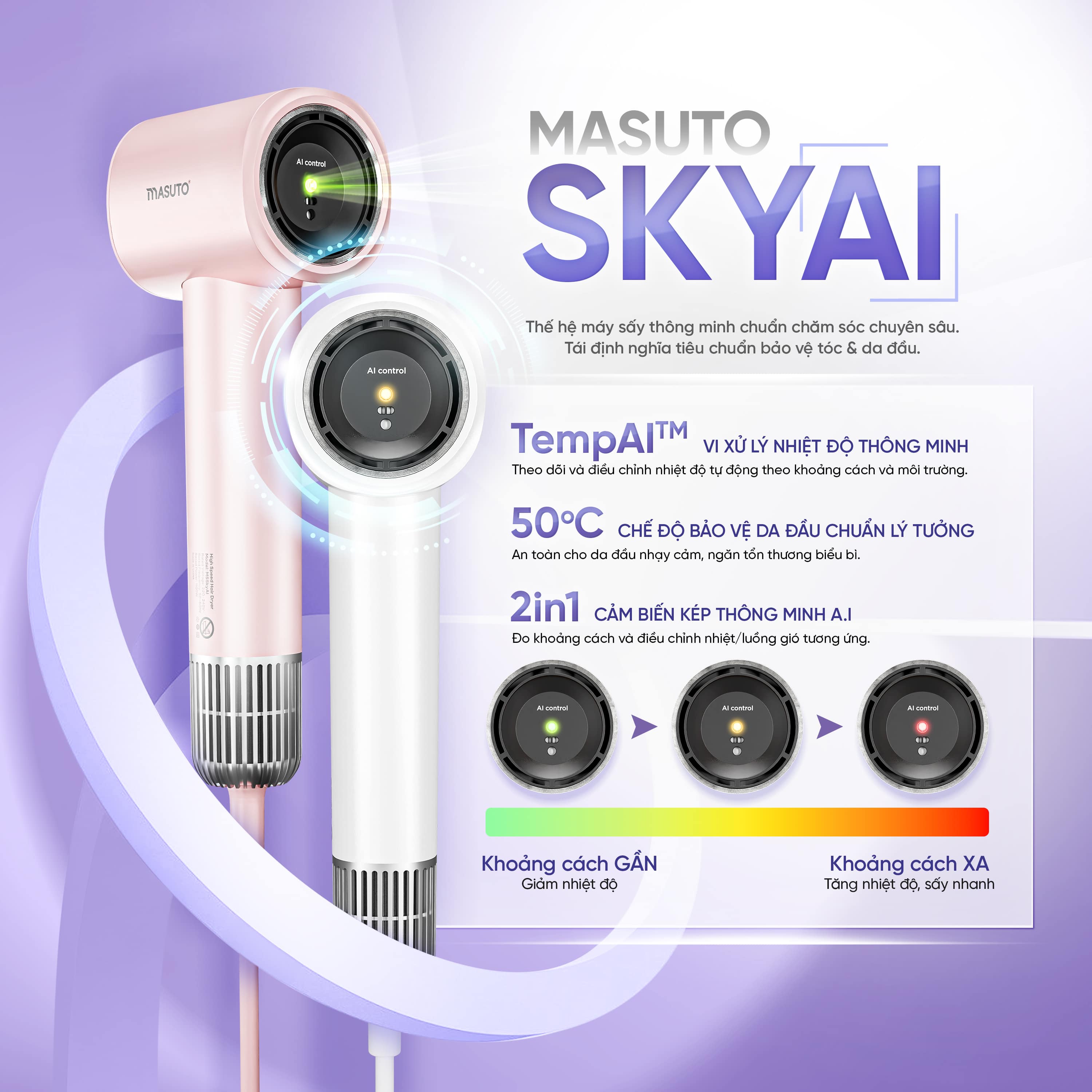 Máy sấy tóc Masuto SkyAI nhỏ gọn, công nghệ cảm biến tiệm cận giúp bảo vệ tối ưu da đầu