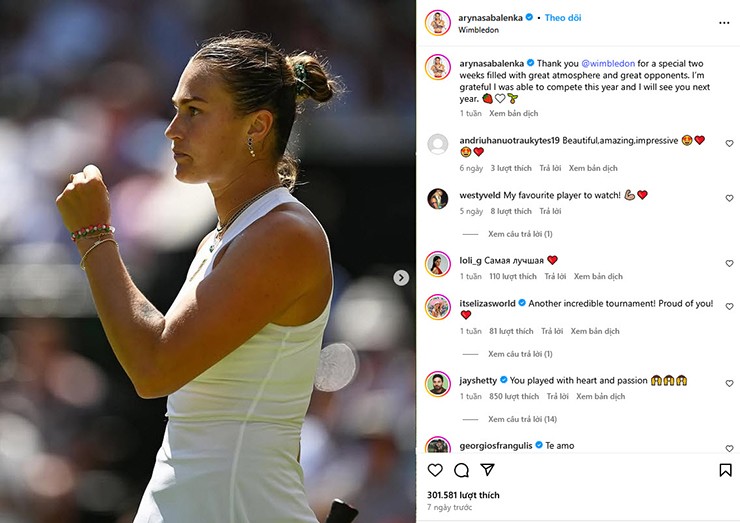 Sabalenka đăng lời cảm ơn&nbsp;Wimbledon