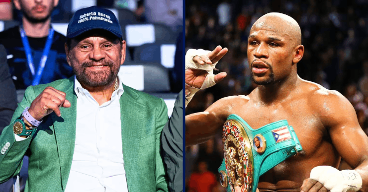 Huyền thoại boxing Panama, Duran (bên trái) dè bỉu thành tích "Độc cô cầu bại" của Mayweather (bên phải)
