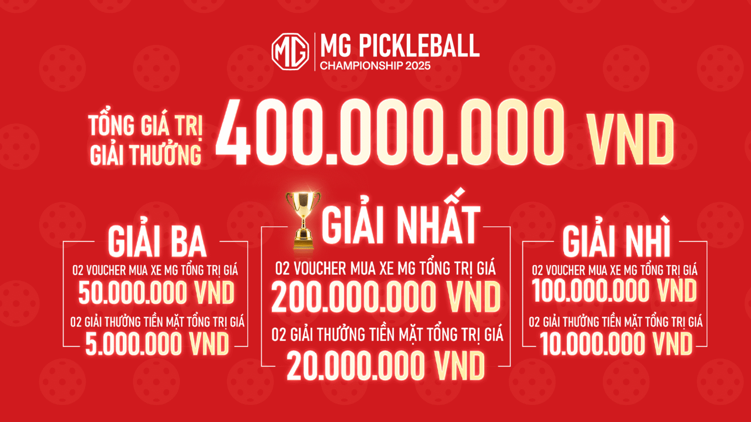 Giải đấu MG Pickleball Championship với tổng giá trị giải thưởng lên tới 400.000.000 VND