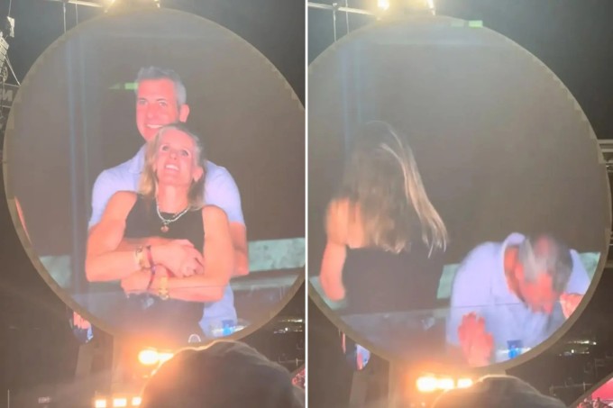 Phản ứng của CEO và giám đốc nhân sự của Astronomer khi bị bắt gặp trên 'kiss cam' tại concert ở Boston tối 16/7. Ảnh chụp màn hình