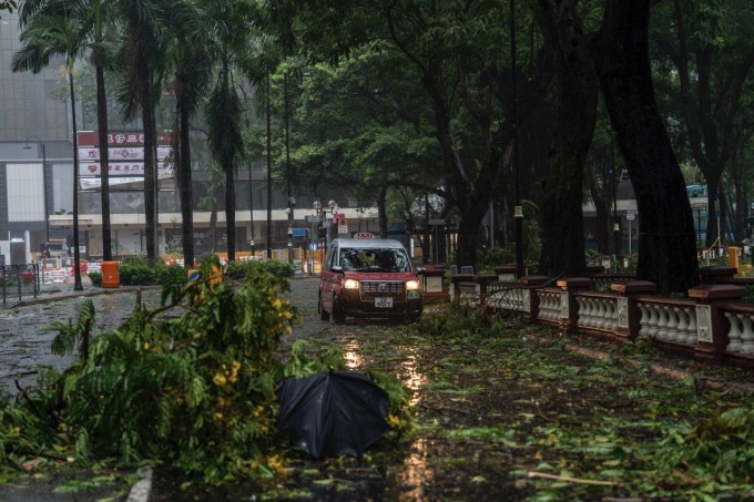 Cây cối gãy đổ trên đường sá Hong Kong sáng 20/7 vì ảnh hưởng của bão Wipha. Ảnh: AP