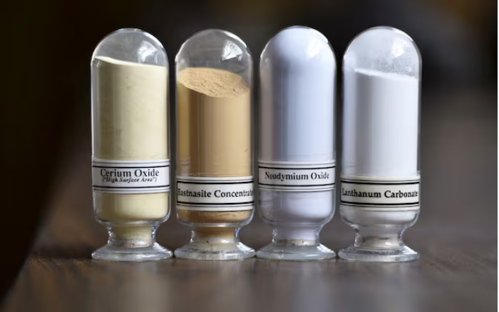 Các mẫu khoáng chất đất hiếm từ trái sang, oxit xeri, bastnasite, oxit neodymium và cacbonat lanthanum được trưng bày trong chuyến tham quan cơ sở đất hiếm Mountain Pass của Molycorp tại Mountain Pass, California ngày 29 tháng 6 năm 2015.