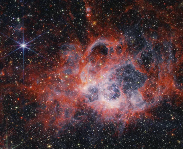 Hình ảnh về vùng hình thành sao NGC 604 cho thấy gió sao từ các ngôi sao trẻ sáng, nóng tạo ra các lỗ hổng trong khí và bụi xung quanh.