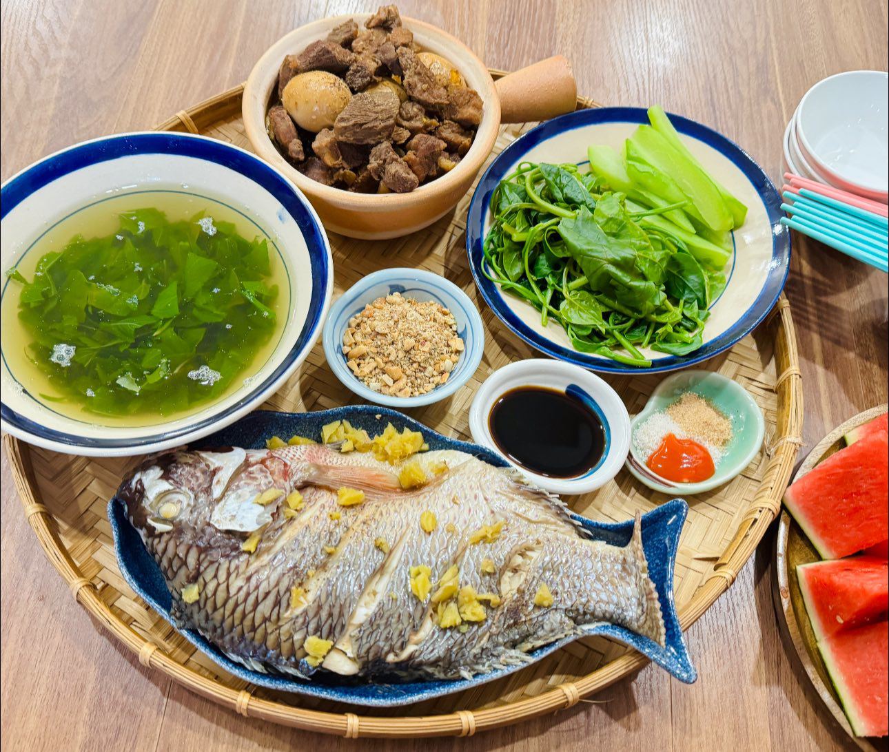 Thịt kho trứng - Cá hấp - Rau luộc&nbsp;