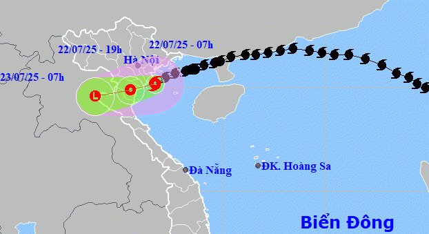 Hướng di chuyển của bão số 3 cập nhật sáng 22/7. Nguồn: NCHMF