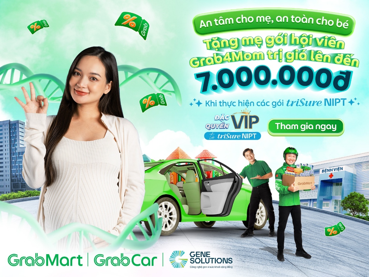 Grab là một trong số các thương hiệu mang đến nhiều ưu đãi “xịn” cho mẹ bầu làm triSure NIPT
