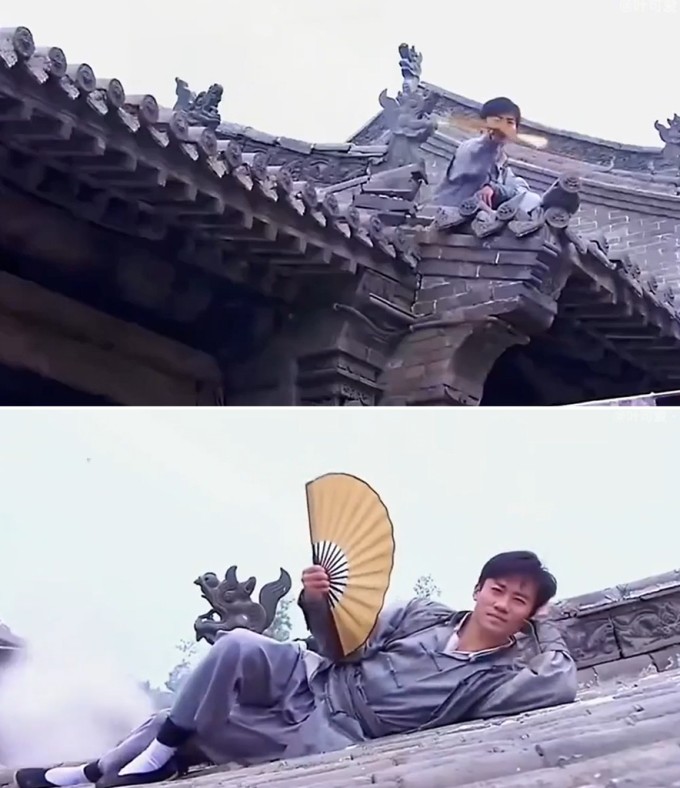 Phim "Kháng Nhật kỳ hiệp" có cảnh nam chính ngồi trên nóc nhà, giơ quạt, hàng chục đối thủ ngã lăn, sau đó nam chính nằm lên mái nhà phẩy quạt. Ảnh: Bilibili