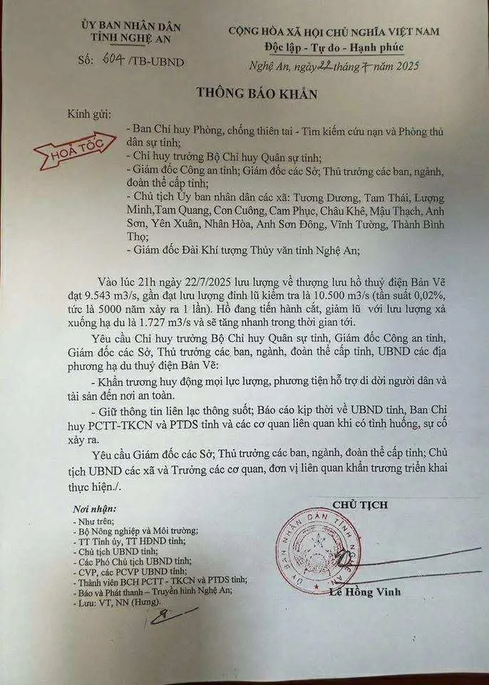 Thông báo khẩn của UBND tỉnh Nghệ An.