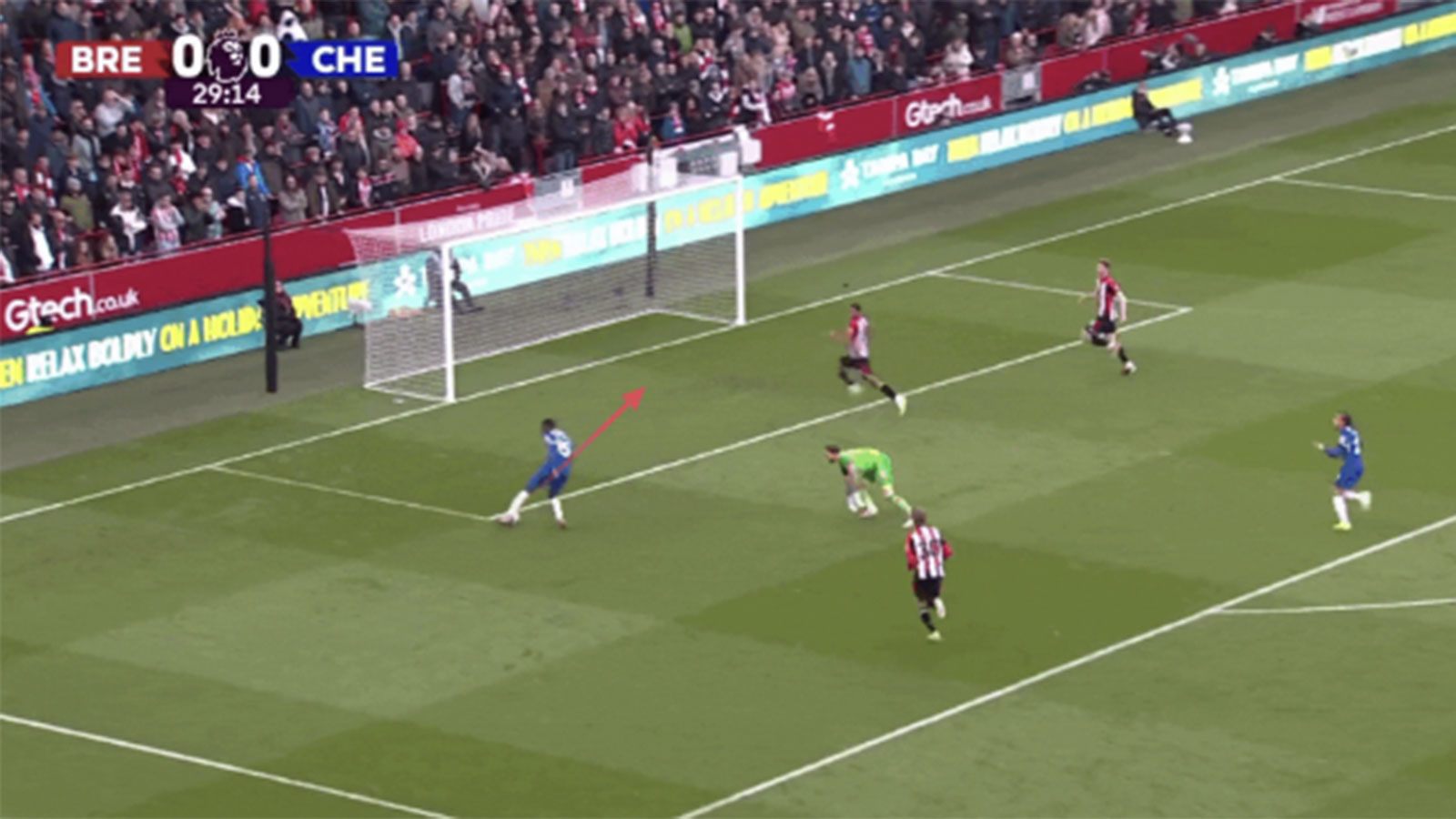 Nhưng trước khung thành trống, Jackson lại sút vào góc đá khiến một cầu thủ Brentford lao về phá được