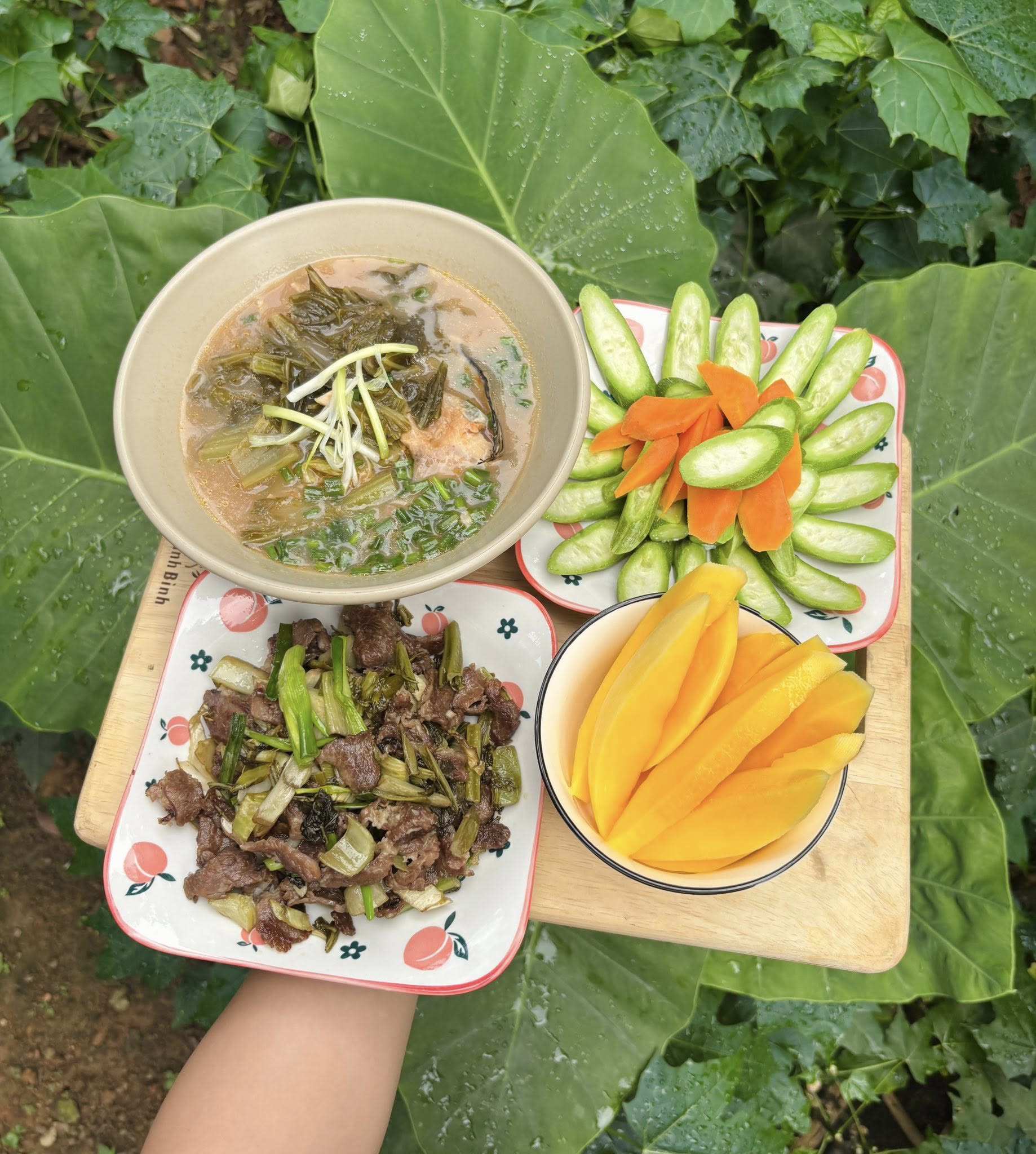 Đầu cá nấu chua - Thịt bò xào dưa - Lặc lè luộc