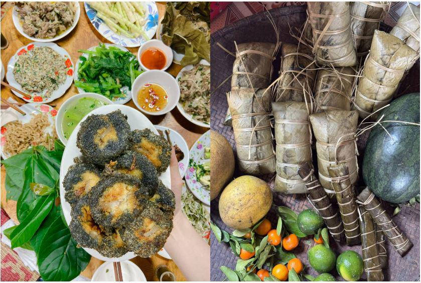 Người Tày không gói bánh chưng vuông mà làm bánh chưng gù với 2 màu. Màu xanh truyền thống từ lá riềng hoặc màu đen làm từ vỏ cây núc nác, trộn với rơm nếp rồi mới đốt than