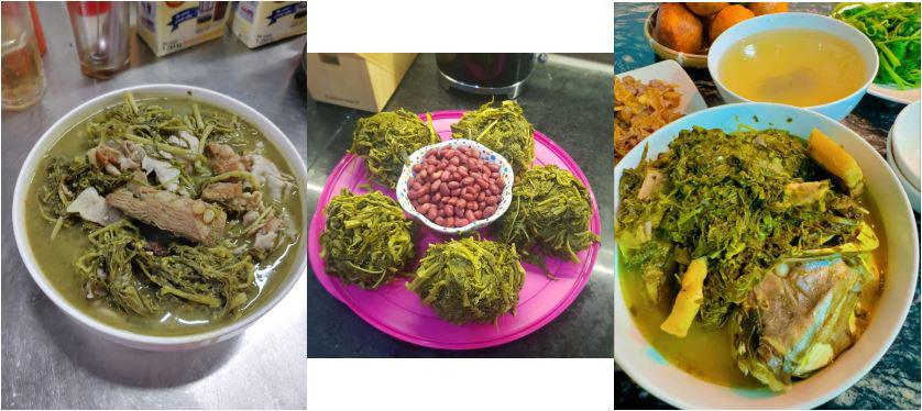 Một số món ngon từ rau sắn muối chua như nấu canh sườn, kho lạc, canh cá với măng... Ảnh: Bảo Linh, Vân Nga, Tân Vũ