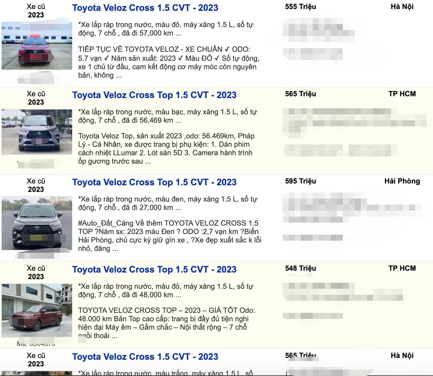 Một số tin rao bán lại Toyota Veloz Cross. (Ảnh chụp màn hình)