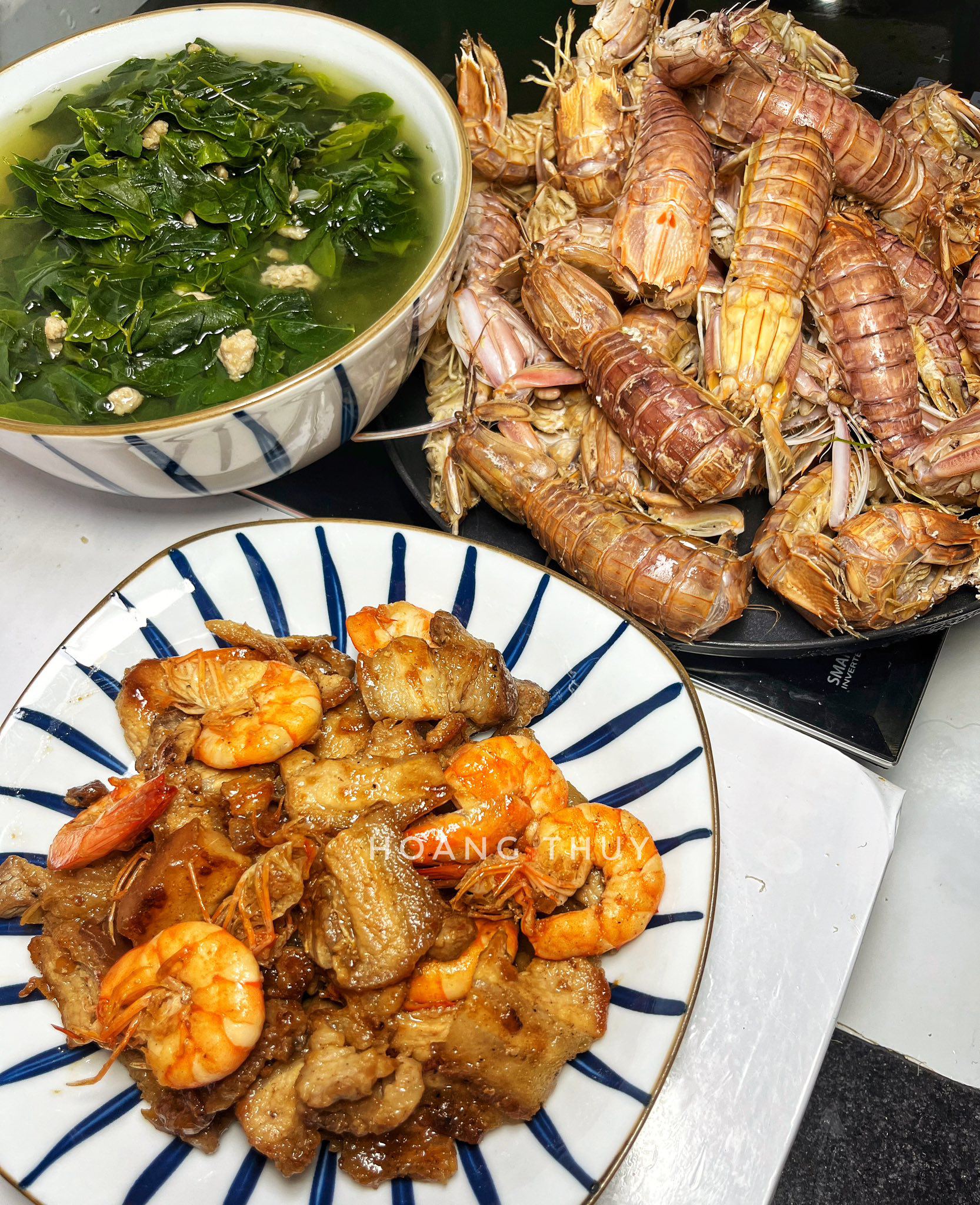 Thịt rang tôm - Bề bề hấp - Canh rau ngót