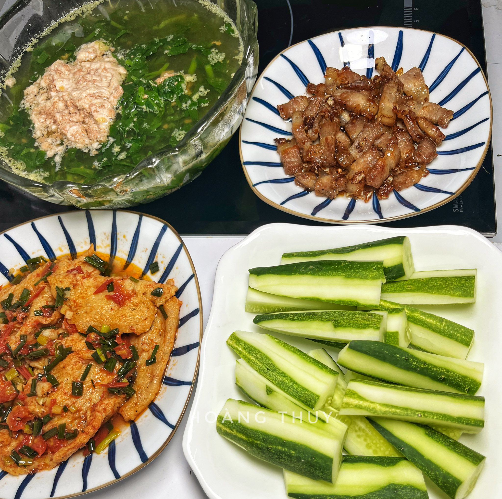 Chả cá sốt cà chua - Thịt rim mặn - Canh cua mồng tơi - Dưa chuột