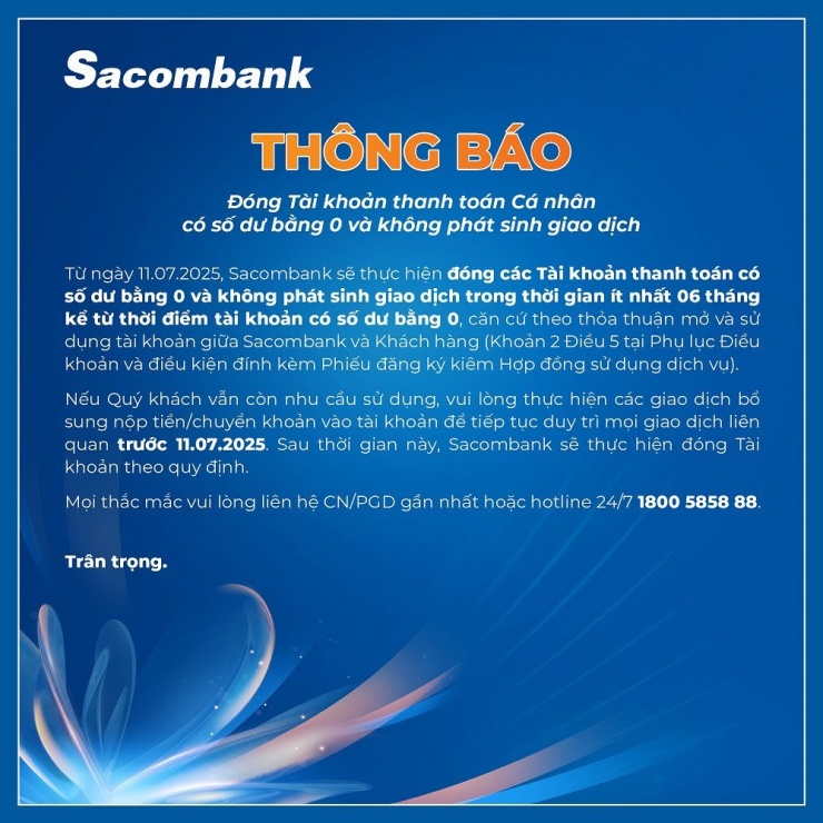 Thông báo về việc đóng tài khoản thanh toán tại Sacombank.