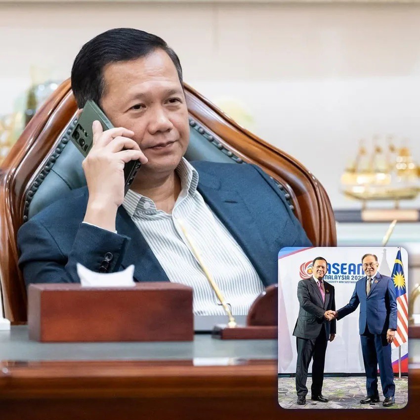 Thủ tướng Campuchia Hun Manet đăng tải ảnh ông bắt tay Thủ tướng Malaysia Anwar Ibrahim (ảnh: FACEBOOK/HUN MANET)