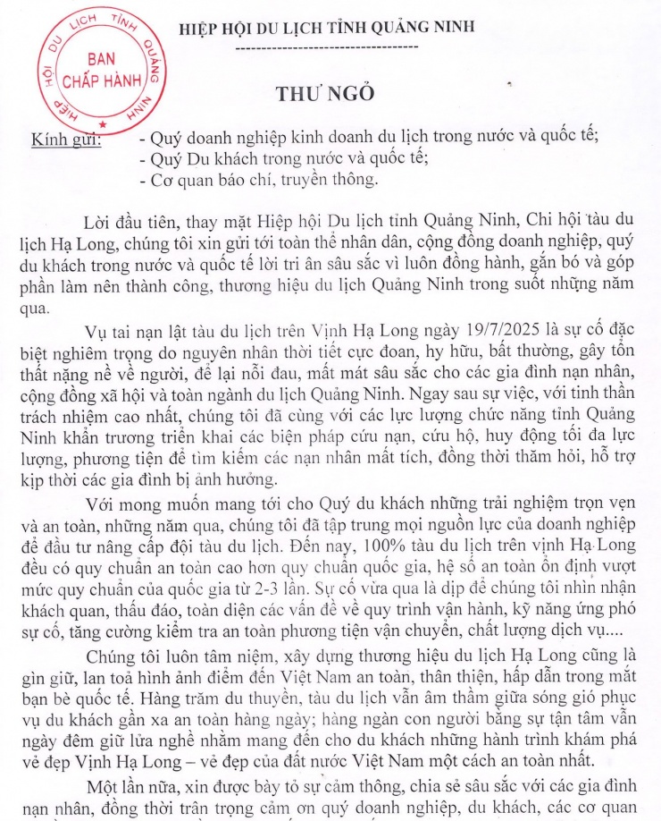 Thư ngỏ của Hiệp hội du lịch tỉnh Quảng Ninh.