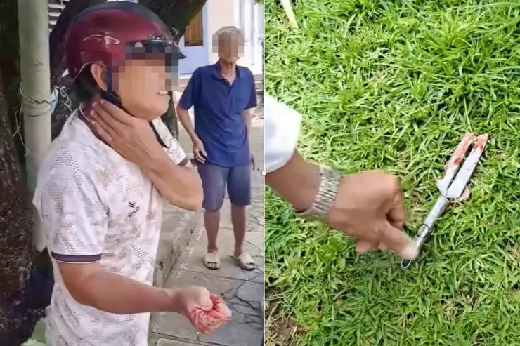 Người đàn ông đi xe máy bị tên cướp khống chế yêu cầu chở đi khi bỏ chạy. Ảnh: Cắt từ clip.