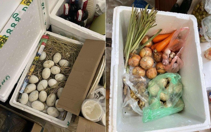 Trứng, rau củ được nhà chị Huyền mang theo trong chuyến du lịch. Ảnh Báo Vietnamnet