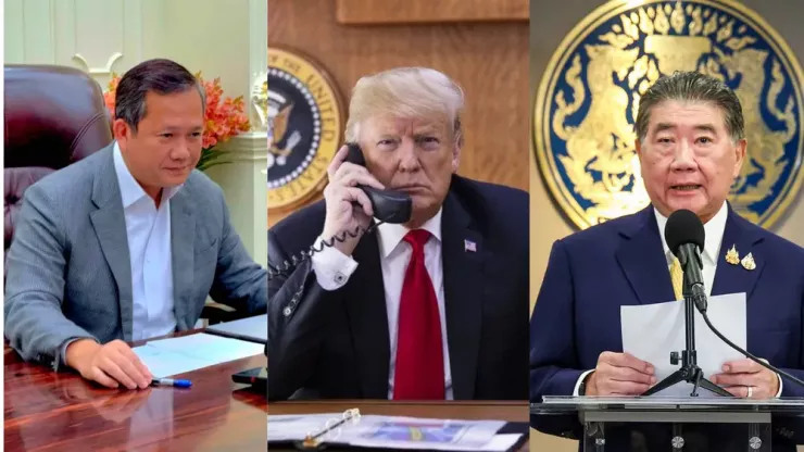 (từ trái sang) Thủ tướng Campuchia Hun Manet, Tổng thống Mỹ Donald Trump và Quyền Thủ tướng Thái Lan - ông Phumtham Wechayachai. Ảnh: FACEBOOK/WHITE HOUSE/BANGKOK POST