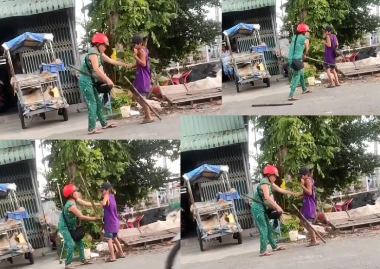 Hình ảnh bà Đời dùng cây đánh cháu T. 