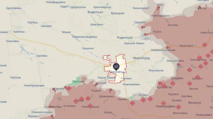 Bản đồ: Quân đội Nga (vùng màu đỏ) từng bước áp sát Pokrovsk (ảnh: Pravda)