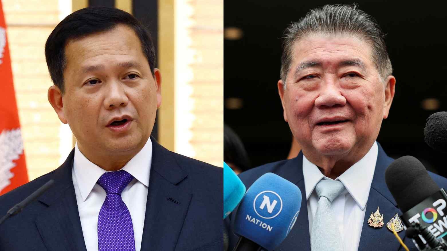 Thủ tướng Campuchia Hun Manet (trái) và quyền Thủ tướng Thái Lan&nbsp;Phumtham Wechayachai. Ảnh: Reuters&nbsp;
