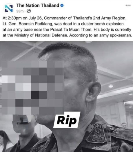 Trong ảnh có chi tiết giả về việc tài khoản chia sẻ thông tin là tài khoản của báo The Nation của Thái Lan, dễ khiến người xem cho rằng đó là thông tin thật. Ảnh: FB The Nation