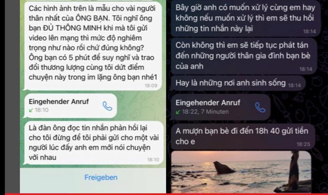 Đoạn tin nhắn tống tiền mà nạn nhân của "chat sex" nhận được. Ảnh: Công an TP Hà Nội