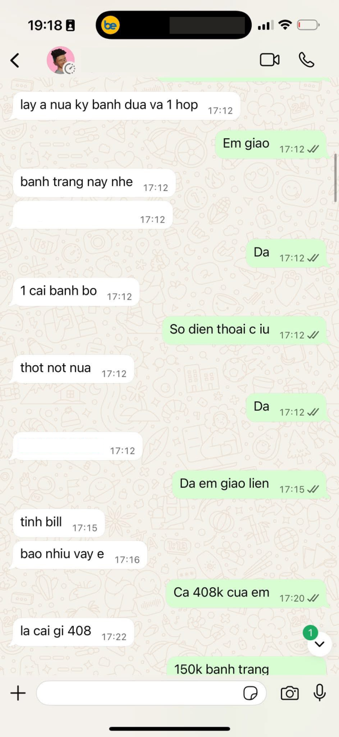 Đoạn tin nhắn với diễn viên Trọng Nhân do chủ tiệm bánh bò công khai. Ảnh: Chụp màn hình
