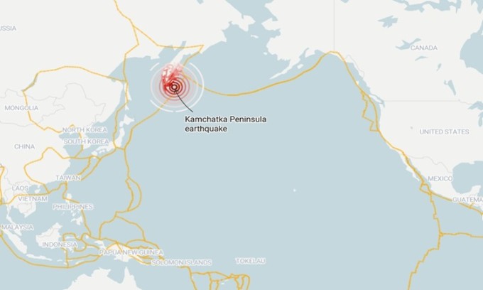 Vị trí trận động đất ngoài khơi Nga. Ảnh: USGS