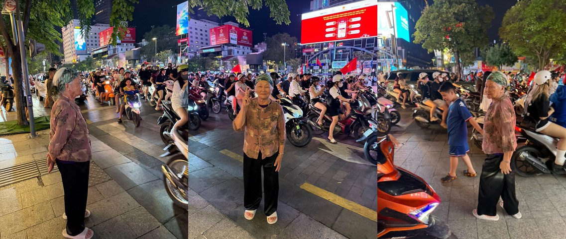 Hình ảnh cụ bà người Hải Phòng (tỉnh Hải Dương cũ) xuống đường "đi bão", ăn mừng chiến thắng của tuyển U23 Việt Nam gây sốt mạng