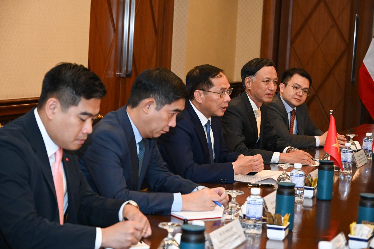 Cuộc họp giữa Phó Thủ tướng, Bộ trưởng Ngoại giao Bùi Thanh Sơn với Bộ trưởng Ngoại giao Thái Lan và các quan chức hai nước ngày 29/7. Ảnh: Mofa.