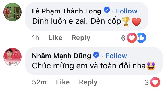 Các "sao" bóng đá Việt Nam bình luận chúc mừng trong bài đăng của Đình Bắc.