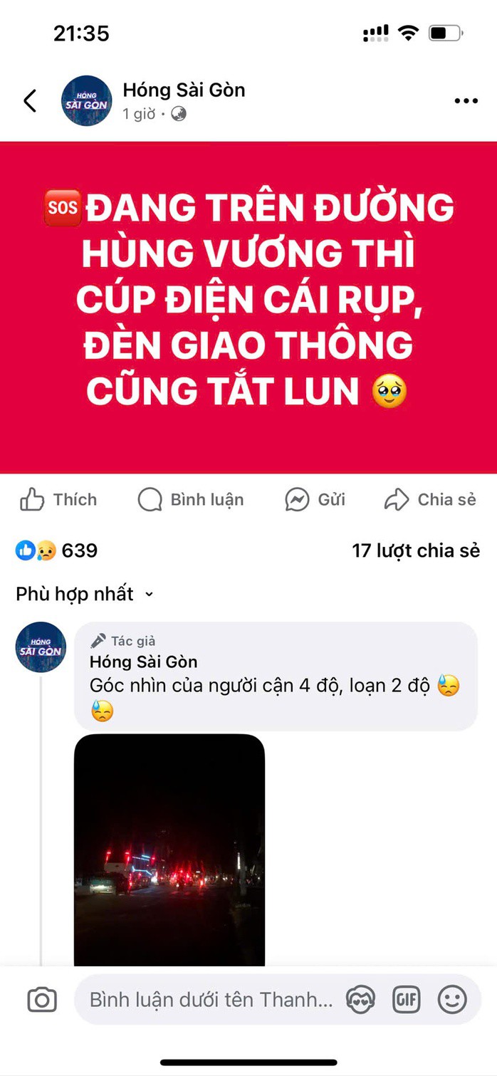Thông tin mất điện được chia sẻ trên một trang mạng xã hội
