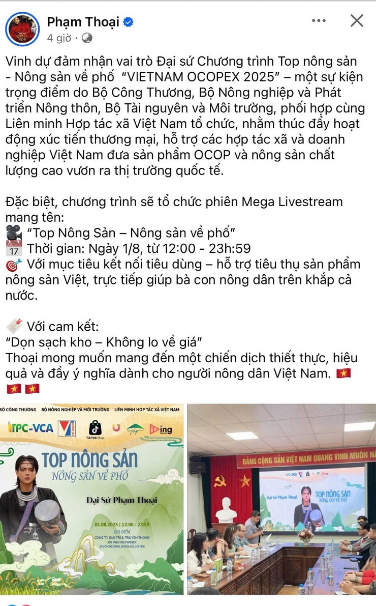 Ngày 30/7, Phạm Thoại đăng tải bài viết thông báo được làm đại sứ chươmg trình&nbsp;op nông sản - Nông sản về phố VIETNAM OCOPEX 2025.