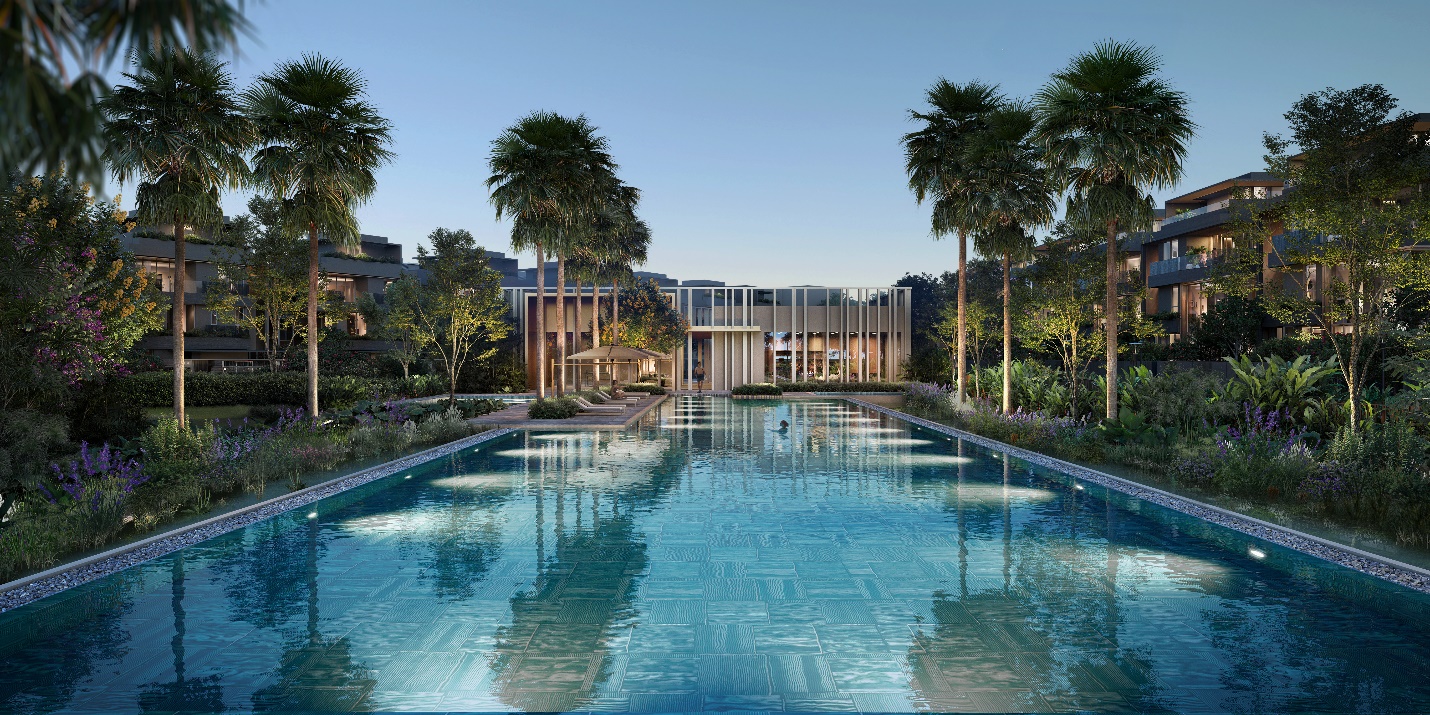 Bể bơi ngoài trời kế cận Clubhouse The Fullton và công viên trung tâm, mở ra không gian xanh liên hoàn, thư thái.