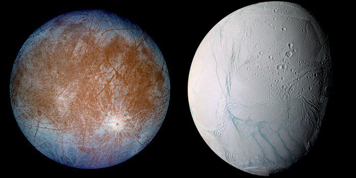 Europa và Enceladus có thể là nơi sự sống đang trú ngụ và tồn tại nhờ vào tác động của tia vũ trụ - Ảnh: ESA