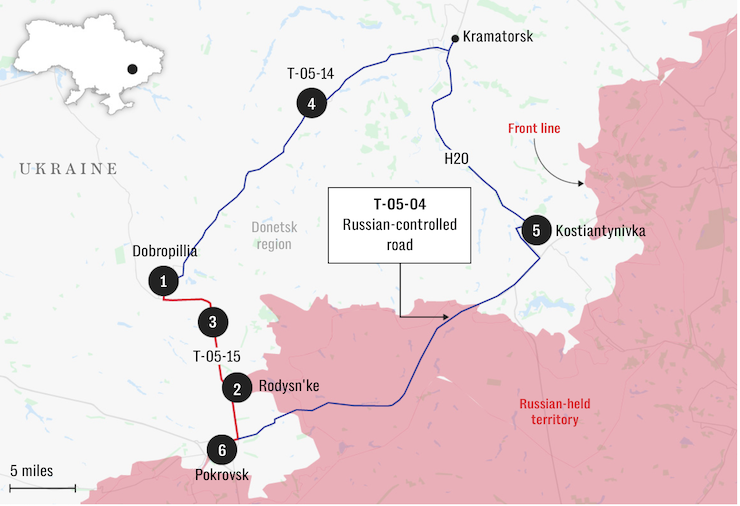 Thành phố Dobropillia nằm ở vị trí quan trọng kết nối trung tâm hậu cần Pokrovsk với thành trì Kramatorsk. Đồ họa: Telegraph.