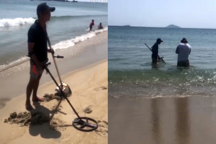 Anh Trinh dùng thiết bị chuyên dụng lội dọc bãi biển dò tìm chiếc nhẫn giúp du khách. Ảnh: G.X